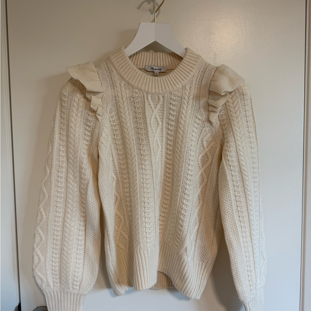 Madewell Cream Ruffle Cable Knit Sweater